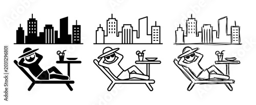 Schilderij op canvas Cityscape Vacation Icons, Relaxing Person on Deckchair, Summer Holiday Vector Se