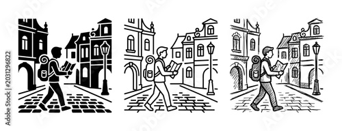 Bild auf Leinwand Traveler with Map, City Street Scene, Vintage Style Vector Illustrations
