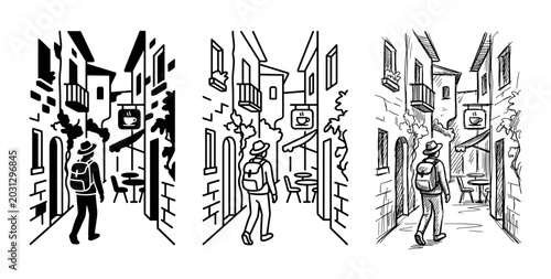 Cuadro en lienzo European Village Street Scene Vector Set, Tourist Exploring Old Town Alleyways,