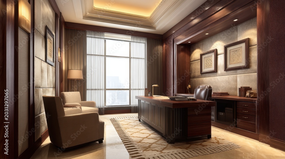 Fototapeta premium Elegant and Modern Office Interior Design with Stylish Furniture, Chic Lighting, and Large Window Offering City Views, Ideal for Professional Settings