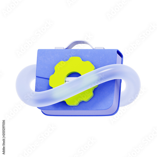 Bild auf Leinwand 3D illustration of briefcase with mechanical gear and continuous loop for business continuity, corporate workflow, continuous processing, system maintenance, data backup, and disaster recovery