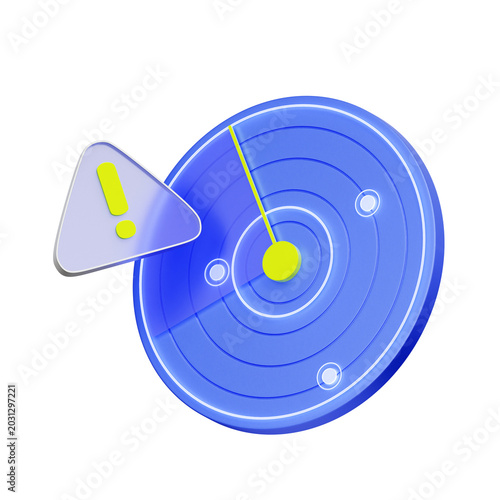 Obraz na plátne 3D illustration of radar screen monitor with glass warning triangle for threat detection, risk scanning, crisis monitoring, unauthorized access, and hazard identification