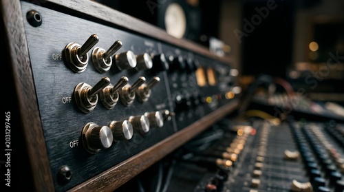 Analog audio mixing console switches for music recording in a studio room