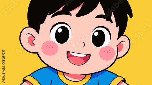 Tableau sur toile A cheerful cartoon boy with black hair and rosy cheeks, wearing a blue shirt, smiles broadly against a bright yellow background