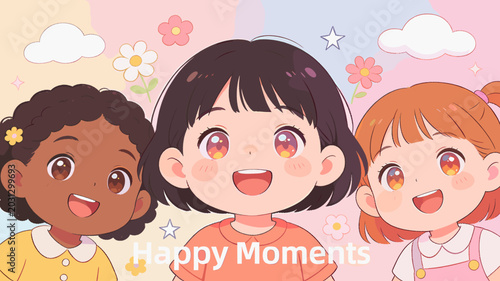 Canvastavla Three diverse cartoon children smiling joyfully together, surrounded by pastel clouds, flowers, and stars, embodying happy moments and friendship