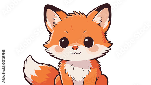 Canvas-taulu Adorable cartoon illustration of a cute, fluffy fox with big, expressive eyes and a bushy tail, set against a white background