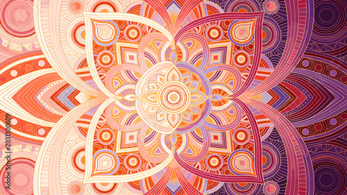 Fotografie Vibrant and intricate symmetrical mandala pattern with warm orange and red hues transitioning to cool purple, featuring detailed geometric and floral motifs for a harmonious design