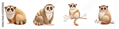 Cute Loris Set: Adorable Tropical Primates on White