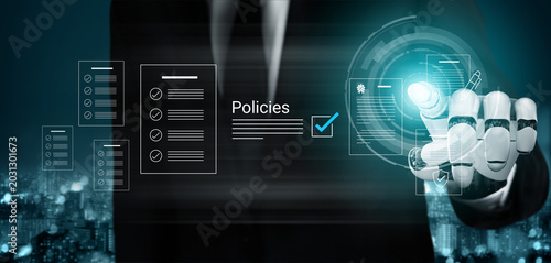 Tableau sur toile A businessman uses a robotic hand to interact with a digital interface showcasing policy management, demonstrating modern technology role in corporate efficiency and automation