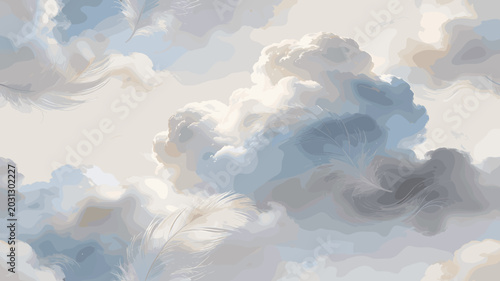 Foto Soft pastel clouds and feather-like elements creating a dreamy, ethereal seamless pattern background with muted blue, gray, and beige tones