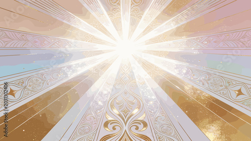 Bild auf Leinwand A radiant golden light bursts from the center of an ornate, patterned ceiling, creating a divine and majestic atmosphere with intricate architectural details