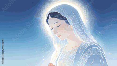 Foto A serene and glowing depiction of the Virgin Mary in a prayerful pose, with a halo and veil, against a soft blue, ethereal background