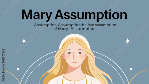 Schilderij op canvas Stylized illustration of the Virgin Mary with long blonde hair, representing the Assumption of Mary, on a blue background with stars