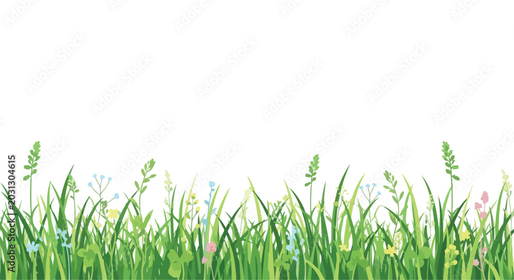 Fototapeta premium Vibrant green grass and colorful wildflowers growing against a clear white background, natural scenery