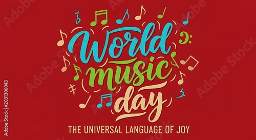 World music day text with colorful notes on red background