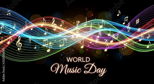World Music Day text with vibrant musical notes and flowing lines