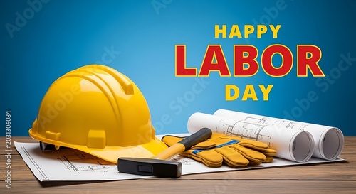 Yellow hard hat and construction tools celebrate Happy Labor Day holiday