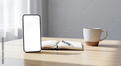 Smartphone and notebook on wooden table with coffee cup in minimalist workspace