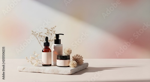 Minimalist skincare bottles with cotton pads and dried flowers on white tray in soft light