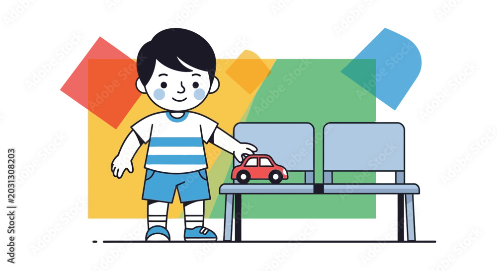 © Ujang - Happy Boy Playing with Toy Car on Waiting Room Bench, Colorful Shapes