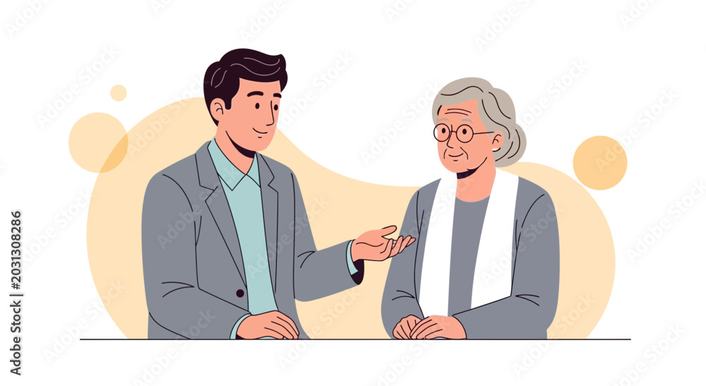 Fototapeta premium Man talking to elderly woman, intergenerational communication, support, discussion