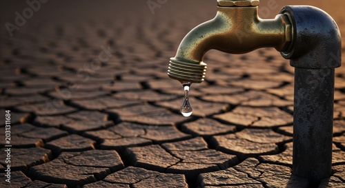 Single water drop falling from a brass tap over dry cracked earth ground