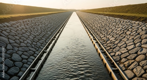 Straight stone lined drainage canal flowing through green grassy hills