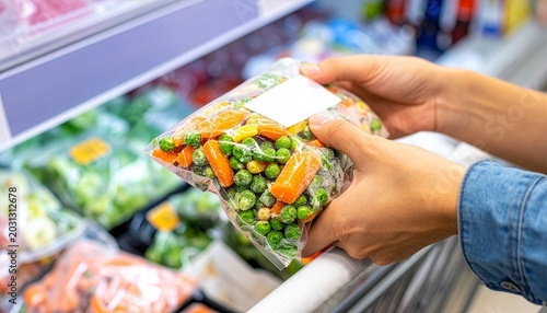 A person holds a bag of frozen mixed vegetables, including peas and carrots, in a supermarket aisle, showcasing convenient meal preparation.