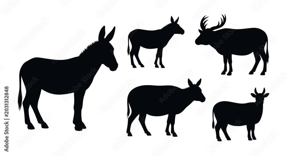 Εκτύπωση καμβά Farm Animals Silhouette Collection: Donkey, Horse, Deer, Sheep, Goat Vector Icon