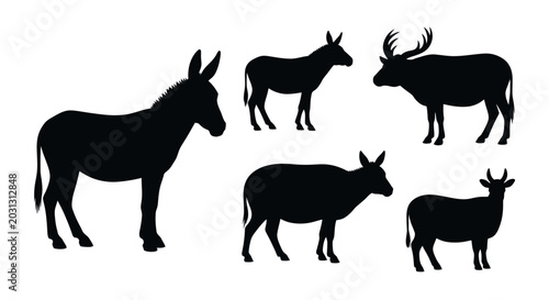Photos Farm Animals Silhouette Collection: Donkey, Horse, Deer, Sheep, Goat Vector Icon