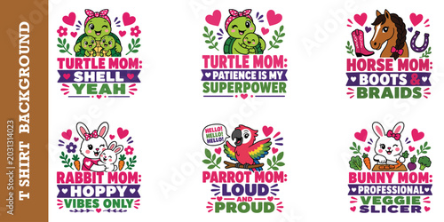 Fotografía Bundle of cute turtle horse rabbit and parrot t shirt designs for pet lovers and mothers