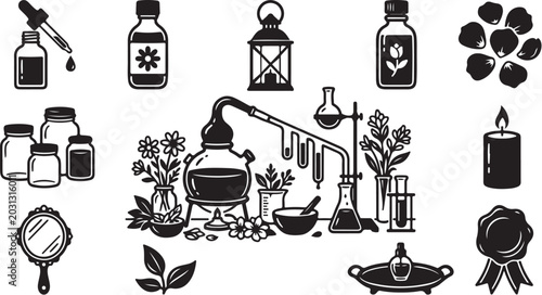 Black and white witchcraft magic symbols illustrations set