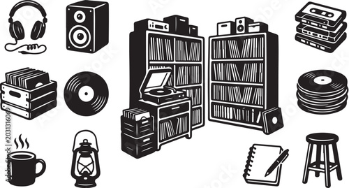 Music and study workspace with vinyl records