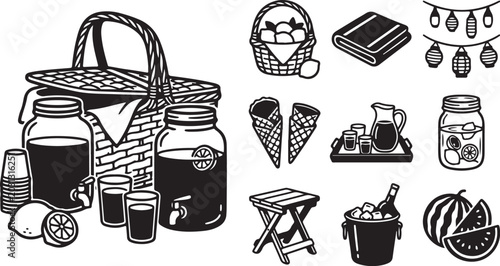 Picnic Basket with Food and Drink Items Illustration