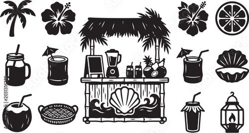 Tropical Beach Bar Icon Set with Summer Elements