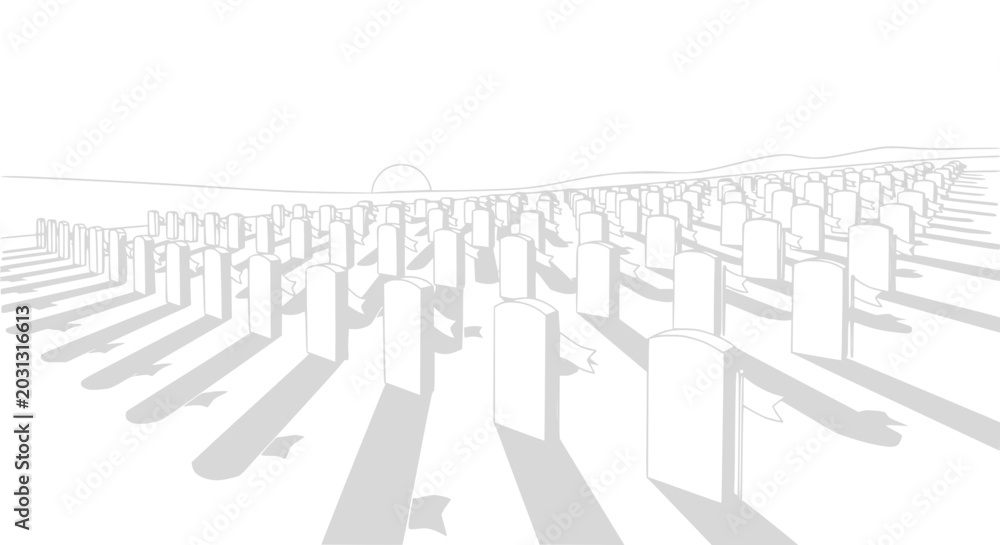 Obraz premium Row of gravestones in a cemetery at sunset, graphic illustration