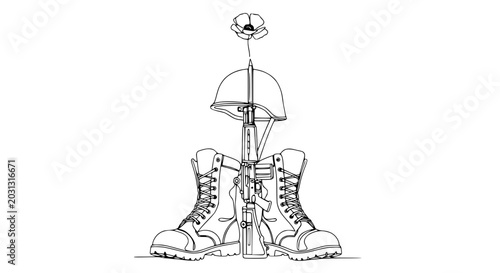 Foto Fallen Soldier Memorial: Rifle, Helmet, Boots, and Poppy Symbolizing Remembrance