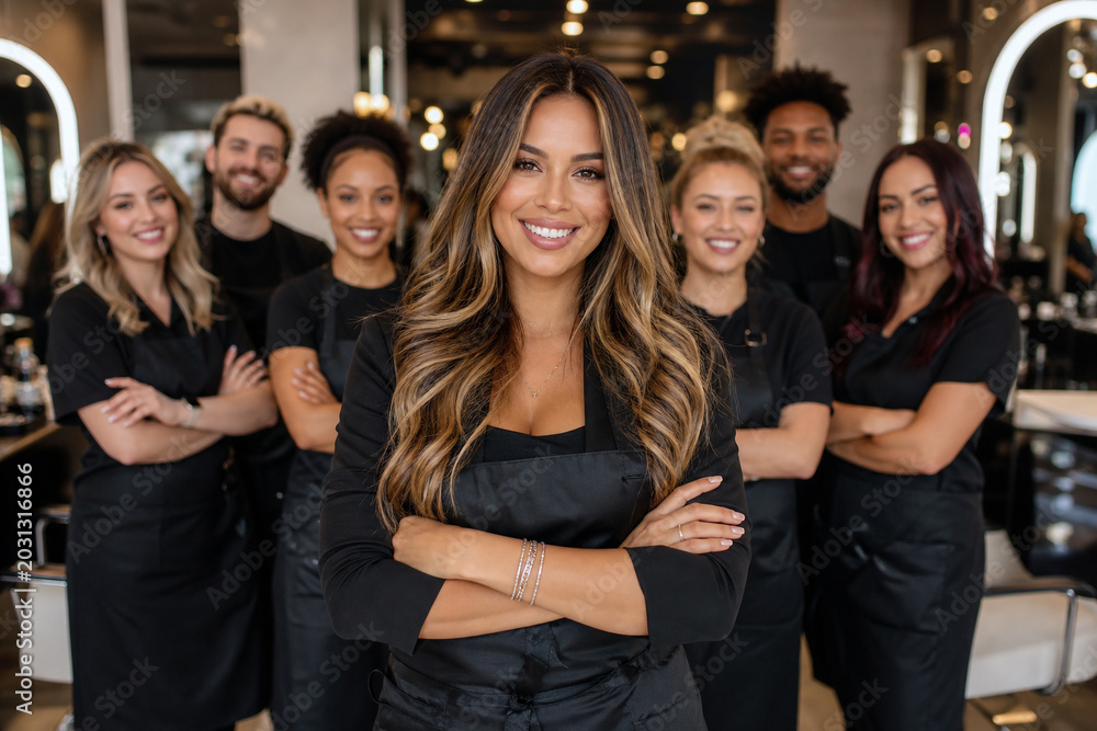 Fototapeta premium Confident female salon owner with diverse beauty team in luxury salon, hairstylists, makeup artists, nail technicians cosmetology professionals premium spa business fashion wellness self care industry