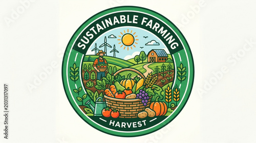 Sustainable farming practices illustrated with farmer harvesting fresh produce under sunny sky with wind turbines