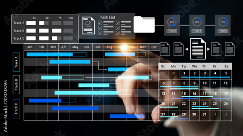 Foto A digital representation of a modern project management tool showcasing a Gantt chart, task list, and calendar for efficient planning and tracking