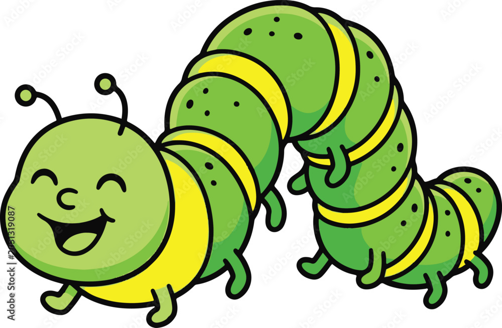 Fototapeta premium Happy Green Caterpillar with Yellow Stripes