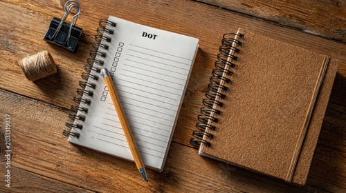 A notebook with a pencil lies on a wooden desk with stationery items and a binder clip