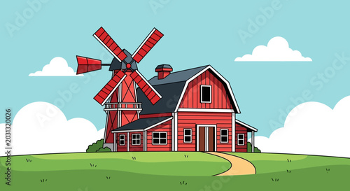 Schilderij op canvas Cartoon Red Farm Barn with Windmill Illustration