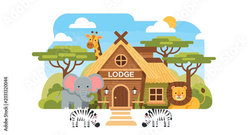 Photography Cartoon Safari Lodge with Wild Animals in Savanna Landscape
