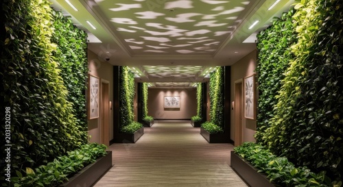 Elegant hotel hallway featuring lush vertical gardens and dappled uplighting creating a serene and luxurious ambiance