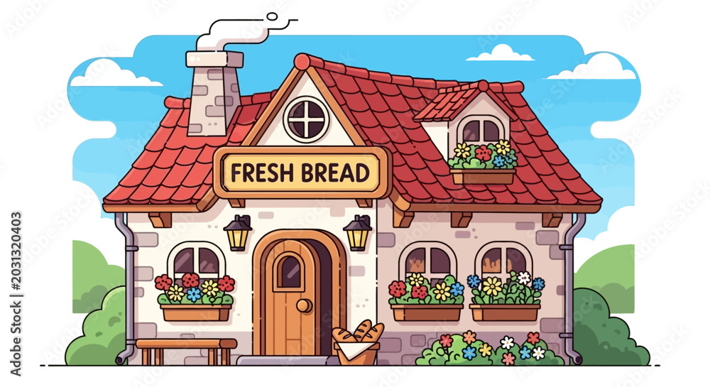 Naklejka premium Charming Bakery Shop Illustration with Fresh Bread Sign