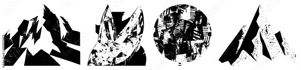 Obraz premium Collection of gritty black and white textures featuring jagged and textured blobs. These punk style splatters and ink blots provide a raw, high contrast aesthetic for creative projects.