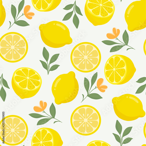 Cute Seamless Pattern Vector Illustration Lemon With Tiny Flowers