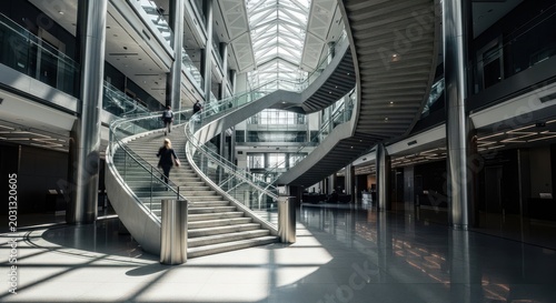 Immense modern lobby featuring a dramatic sweeping staircase and abundant natural light