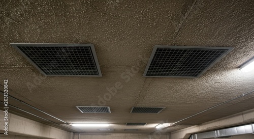 Integrated ventilation grates set within a textured concrete ceiling, providing essential airflow and climate control for indoor environments.